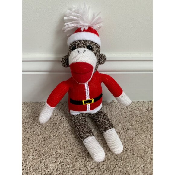 Cute 12” Sock Monkey Plush Toy In Santa Suit and Hat - Picture 2 of 6